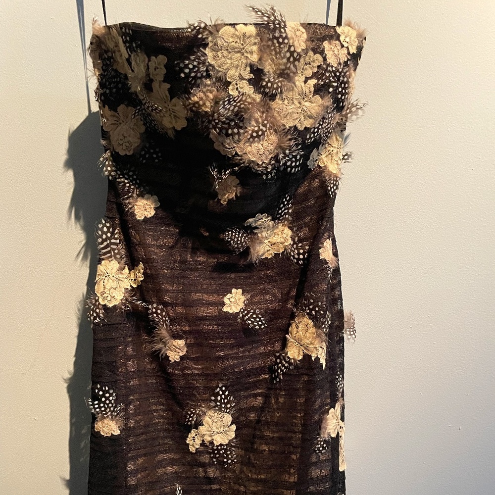 BCBG feather strapless dress